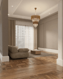 Krištáľový luster so zlatým detailom v elegantnom byte s drevenou podlahou