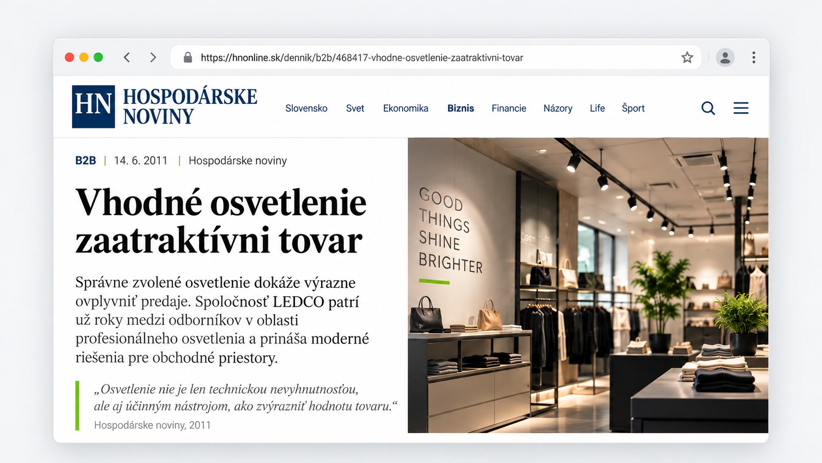 LEDCO v Hospodárskych novinách – odborný článok o osvetlení predajní